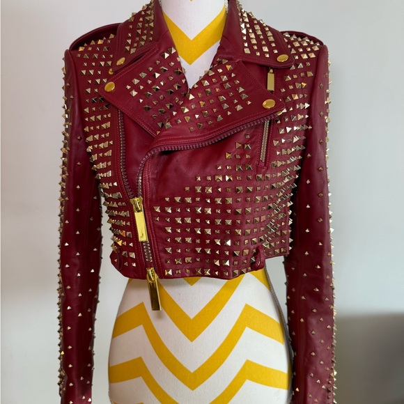 Alice + Olivia Jackets & Blazers - Alice and Olivia Studded Burgundy Cropped Leather Jacket